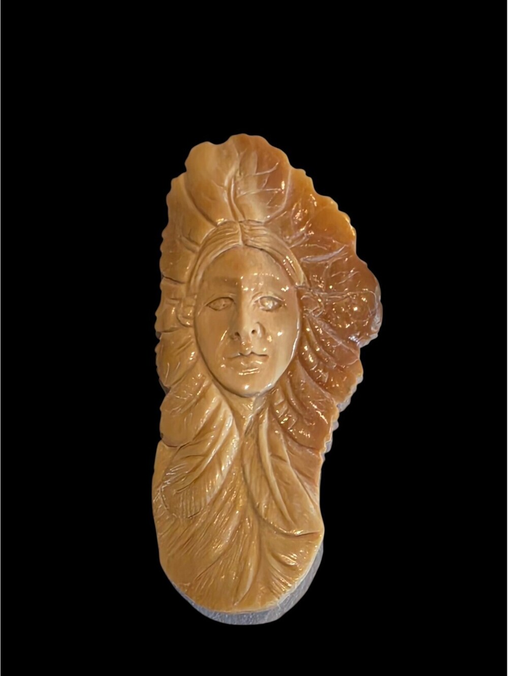 Artisan Carved Bone Native American Indian Woman Face Pendant Leaf Cabochon 3.4g